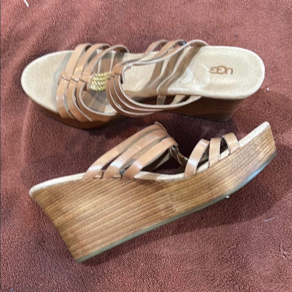 UGG Tan Wedge Sandals with Intricate Straps